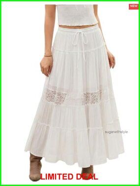 Boho Maxi Skirt Lace Tiered Flowy High Waisted Renaissance Festival